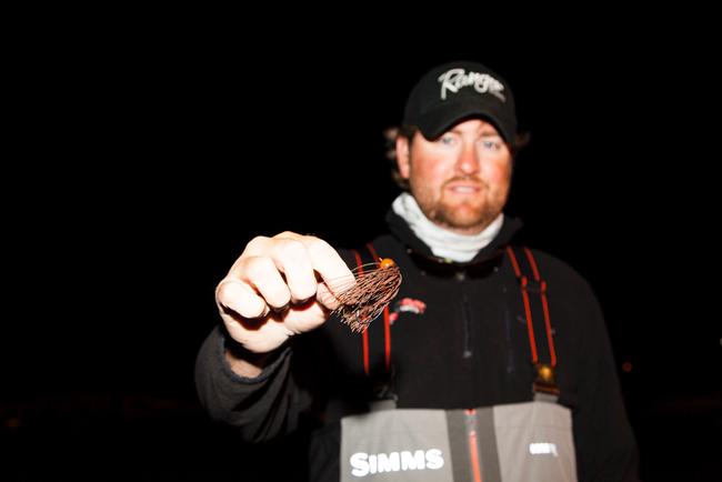 Matt Arey hopped a ball-head jig across rocky shelves in transition areas to catch his bass this week.