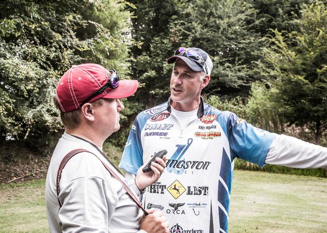 BassFan's Todd Ceisner gets an update from Walmart FLW Tour Angler of the Year Andy Morgan at Forrest Wood Cup Media Day.