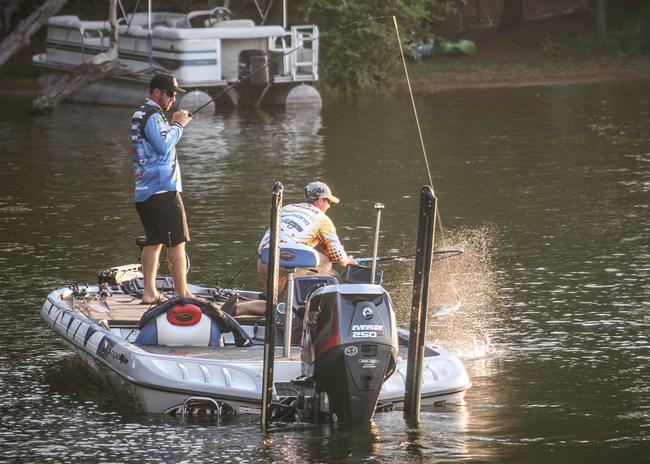 Rayovac pro Jacob Wheeler boating his first keeper of the day. It looks like second place co-angler Chris Burgan is a very capable net man. 