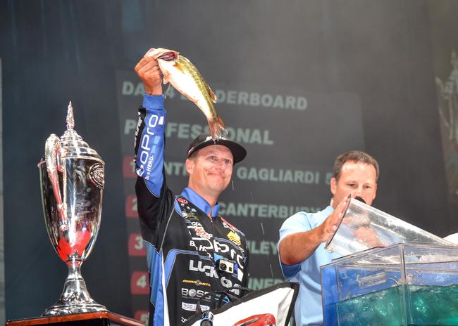 Brent Ehrler hoists his best bass from day four. He fell ounces shy of winning the Forrest Wood cup for the second time. 