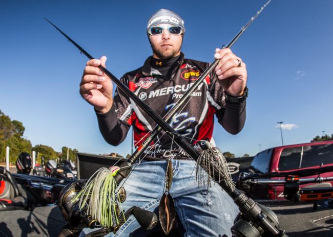 Birge threw a shad-colored 1/2-ounce River2Sea Ish Monroe Bling spinnerbait early in the week and mixed in a 3/4-ounce Santone Lures spinnerbait later on. 