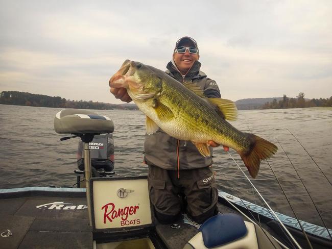 Casey Martin is a guide on Lake Guntersville in the winter. His clients have a chance to catch giant bass like this nine pounder Martin is holding. 