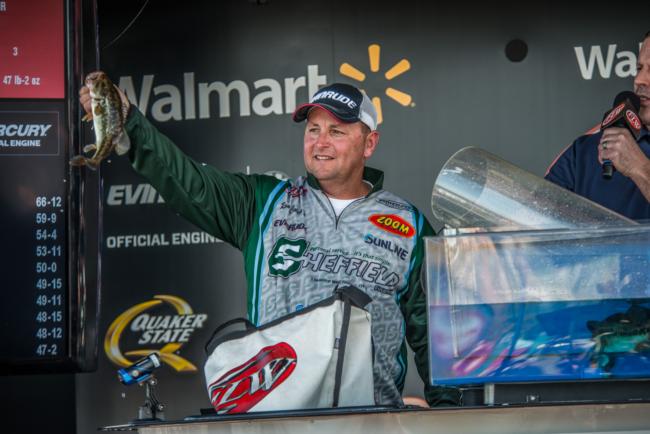 Ramie Colson Jr. shows off a bass that is a far cry from the massive 11-pounder he caught on day two. Nonetheless, he banked a good check and valuable Angler of the Year points. 