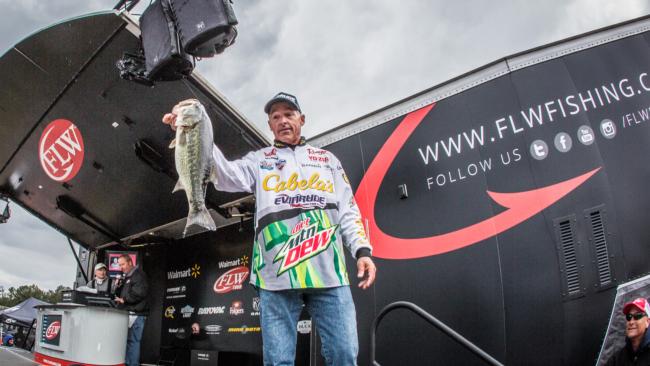 Clark Wendlandt shows his kicker fish on day two of the Walmart FLW Tour on Lewis Smith Lake, he weighed 17-5 and will now have to cross his fingers and wait to see if it will be enough to fish another day.