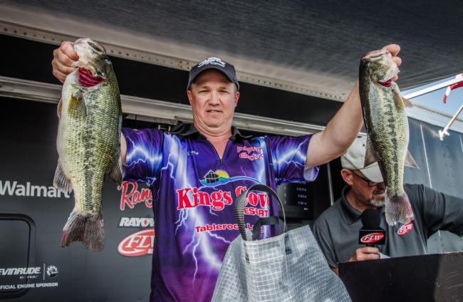 Co-angler Kyle Triplett grabbed the lead thanks to his impressive 16-pound, 9-ounce catch (largest of the tournament for the co-anglers) on day two. He now has a two-day total weight of 30-3.