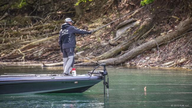 Anthony Gagliardi is targeting smallmouth on day one of the FLW Tour on Beaver Lake. He had an early limit of brownies for about 12 to 13 pounds.