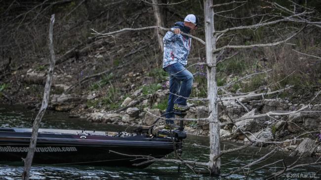 Pro Wesley Strader is trying to get some height advantage on day three of the Walmart FLW Tour on Beaver Lake.