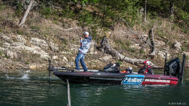 Pro Wesley Strader lands another one on day three of the Walmart FLW Tour on Beaver Lake.