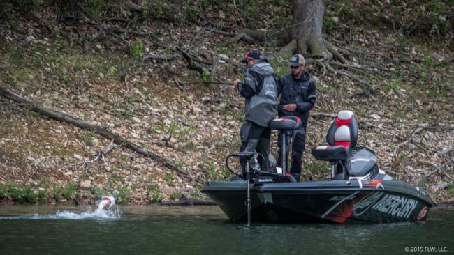 Pro Tracy Adams finally coaxed one of the bed on the final day of the Walmart FLW Tour on Beaver Lake; it took a lot of patience to get this one to bite.