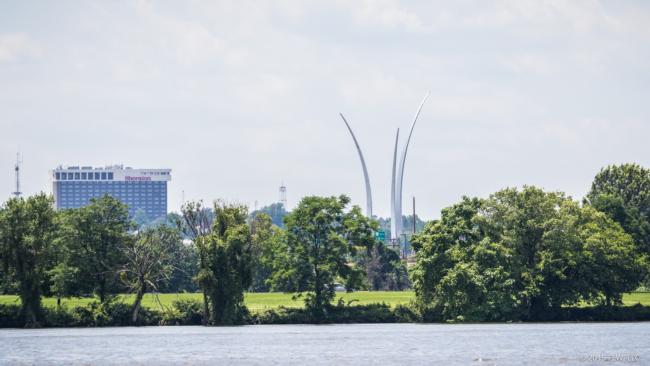The three spires of the United States Air Force Memorial can be seen reaching to the sky, representing the Air Force Core Values of Integrity, Service and Excellence.