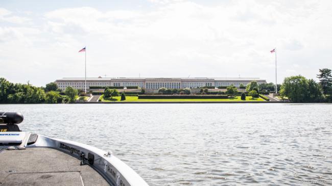 The Pentagon, as seen from Pentagon Lagoon, is the headquarters for the U.S. Department of Defense. Although you cannot see its iconic five-sided shape from the water, the view of the eastern wing is dignified and strong.