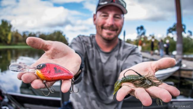 3. Early on, Mark Crutcher tossed SPRO Little John crankbaits that had been custom painted by Reckless Baits, but the majority of his weight came with a sprayed grass Sweet Beaver, a green pumpkin punch skirt and a 3/4-ounce weight. 