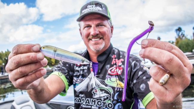 6. Finesse was the rule of the day for Jimmy Reese. The Walmart FLW Tour pro cleaned up with a 7-inch margarita mutilator-colored Roboworm Fat Straight Tail Worm on a 3/16-ounce Frenzy Baits shaky head and a Boing topwater in his signature hitch pattern. 
