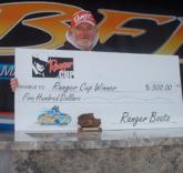 Dicky Newberry of Houston received a $500 bonus from Ranger Boats as the highest-finishing participant in the Ranger Cup incentive program at the Feb. 22 BFL tourney on Sam Rayburn Reservoir.