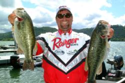 Gary Dobyns of Yuba City continued to dominate Thursday by landing a five-bass catch weighing 19 pounds, 13 ounces. He leads the 20 pros who advanced to the semifinal round with a two-day catch weighing 44-11.