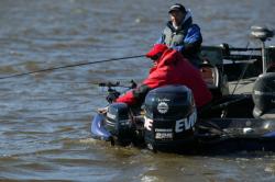 Pro Chris Gilman and co-angler Kevin Bruer troll along the Mississippi River in Wednesday's competition.