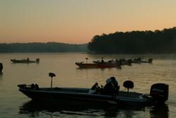 Boaters head to the starting line in anticipation of takeoff during a 2004 Stren Series event on Sam Rayburn Reservoir.