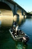 EverStart anglers fish around a submerged plastic chair in the shadow of London Bridge -- yes, THE London Bridge. Lake Havasu City bought the original bridge from London, shipped it to the States and had it rebuilt on Lake Havasu in 1971.