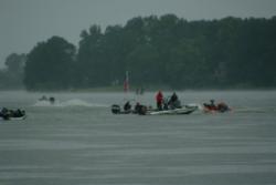 Boaters head out into the rain shortly after takeoff from Pell City Lakeside Park Marina.
