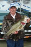 Jeary Wheeler, owner of the EverStart Series record for heaviest bass, hauls in another Sam Rayburn hog, this one weighing 8 pounds, to claim day-two big-bass honors in the Co-angler Division.