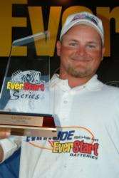 Kyle Clement of Anderson, Calif., proudly displays his trophy after winning the Co-angler Division on Clear Lake.