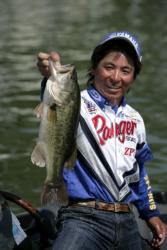 Katsutoshi Furusawa landed in ninth place in the Pro Division on opening day of the FLW Tour Wheeler Lake tournament by catching a limit of bass like this one.