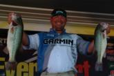 Sam Lashlee displays a pair of bass that helped put him in the No. 2 spot after day one.
