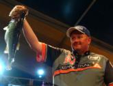 Buoyed by Saturday's heaviest limit - 19 pounds, 1 ounce - Chip Harrison of Bremen, Ind., vaulted from eighth place into the second-place finishing position with a final-round weight of 26-4. Here, he shows off his kicker fish.