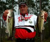 Pro Jerry Dolezal of Bullard, Texas, is in third with 10 bass for 33 pounds, 1 ounce.