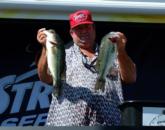 K D Moore finished second among the co-anglers after day one on Lake Texoma with four bass that weighed 12 pounds, 11 ounces.