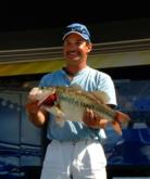 Co-angler John Cure shows off the biggest bass of the tournament thus far. This Sam Rayburn kicker weighed 9 pounds, 6 ounces, and propelled Cure to the top spot.