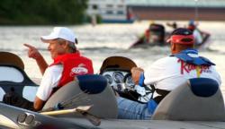 In boat No. 7, co-angler Michael Taylor, along with pro Jim Jones, gives a nod as they take off for Saturday