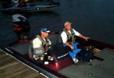 Pro Curt Erpenbach and co-angler Scott Mason prepare for takeoff on day one of the Stren event on the Mississippi River near Fort Madison, Iowa.
