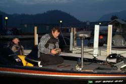 Pro Richard Reynolds prepares his gear Wednesday morning before takeoff at Lake Shasta. His co-angler partner for the day is Taylor Parsons.