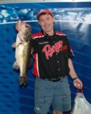 Fishing in his first tour-level tournament, co-angler Dennis Fiedler sits in 10th place with 13 pounds.