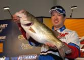 Co-angler Clint Bridges of Round Rock, Texas shows off his 7-pound, 11 ounce bass, easily the biggest bass of the day.