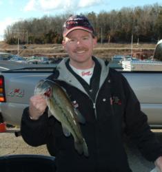 Co-angler Ed Shay caught one bass Friday and slipped to second place in his division.