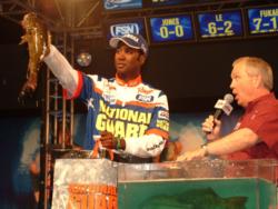 National Guard pro Derek Jones holds up his biggest fish from day three on the Fort Loudoun-Tellico lakes.