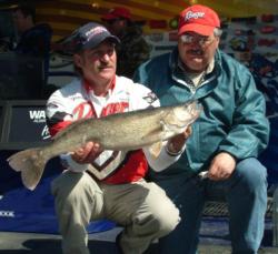 Pro Ken Schoenecker and co-angler Edward Scheele show off their big fish from day three on the Detroit River.