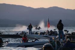 Stren Series staffer Todd Guenthart sends anglers on their way Wednesday morning at Clear Lake.