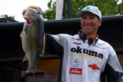 Ninth-place pro Zack Thompson led the monster mash by catching this 10-pound, 6-ounce largemouth to win the day's Snickers Big Bass award.