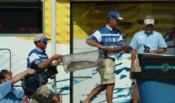 John Jernigan and Chris Joseph bring their fish to the scale Saturday.