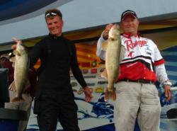 Pro Brad Ertel and co-angler Ryan Kelly hold up two Devils Lake kickers.