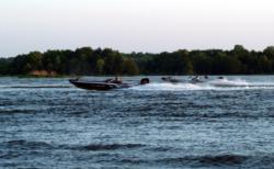 Boats race toward the locks on the Columbus Pool, allowing them to move up or down the Tombigbee Waterway.
