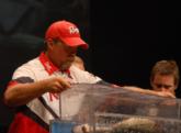 Rusty Salewske of Alpine, Calif., has started the Forrest Wood Cup in fourth place with five bass weighing 13 pounds.