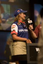 FLW Tour co-angler Karyn Sanchez conducts a brief interview onstage during the 2007 Forrest Wood Cup.