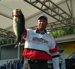 Pro Bud Pruitt caught the Snickers Big Bass on day one at Lake Champlain. This largemouth weighed 6 pounds, 7 ounces.