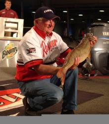 Fifth-place pro Jim Preissner holds up his biggest walleye from day three on Lake Erie.