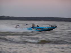 Texas pro Jim Tutt heads the Kellogg's boat northeast from the day two checkout.