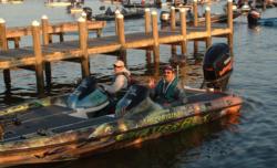 Pro Bryan Thrift and co-angler Alan Weiss launch their boat Friday morning.